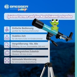 Telescop pentru copii Bresser Junior 50360, refractor, azimutal, cu cort, albastru - Img 3