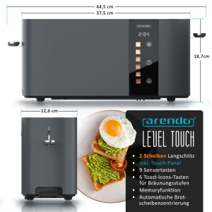 Toaster Arendo LEVEL TOUCH, 2 felii, 1000W, 6 trepte rumenire, ecran LED, Gri - Img 2