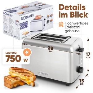 Toaster Bomann TA 6080 CB 2 felii inox fante extra late functie de dezghetare - Img 7