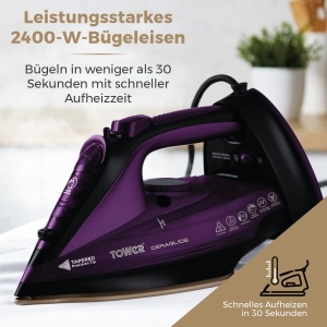 Tower T22008 Fier de calcat cu abur fara fir CeraGlide cu talpa ceramica - Fier de calcat cu abur cu functie variabila de abur, violet - Img 6
