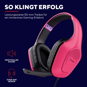 Trust Gaming GXT 415P Zirox Casti Usoare De Gaming cu Driver de 50 mm pentru PC, Xbox, PS4, PS5, Comutator, Mobil, 2 m Cu Fir, Mufa Audio de 3.5 mm, Casti Over-Ear cu Fir - Roz - Img 3
