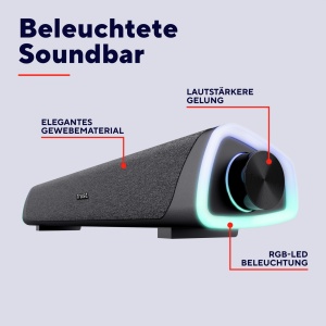 Trust Liro Soundbar PC Speaker 12W, Difuzoare stereo pentru computer cu iluminare LED RGB, Jack 3.5mm AUX, USB Operation Sound Bar pentru PC Laptop Desktop Tablet Smartphone TV, Negru - Img 2