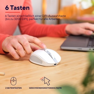 Trust Ozaa Silent Wireless Mouse Bluetooth + 2.4GHz, Compact Multi-Device Wireless Mouse, 60% Plastic Reciclat, Reincarcabil Bluetooth Mouse Laptop PC Computer Windows Android Mac - Alb - Img 5