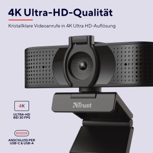Trust Teza 4K Ultra HD Webcam, 3840x2160 cu 2 Microfoane si Autofocus, 30 FPS, USB Plug & Play, Camera Web pentru Echipe, Zoom, Skype, PC, Laptop, Mac, MacBook - Negru - Img 3