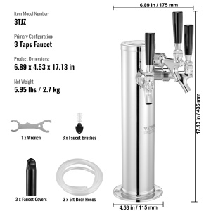Turn de distribuire a berii VEVOR cu 3 robinete, turn de butoaie de bere din otel inoxidabil, kit turn Kegerator cu furtunuri preasamblate si robinete cu inchidere automata pentru petreceri, baruri, pub-uri si restaurante - Img 7