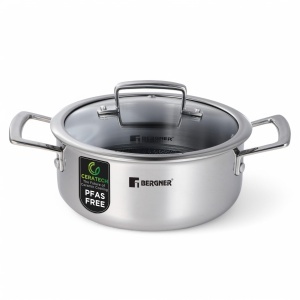 Vas de gatit Bergner Steelblue, 24 cm, inox, cu capac din sticla