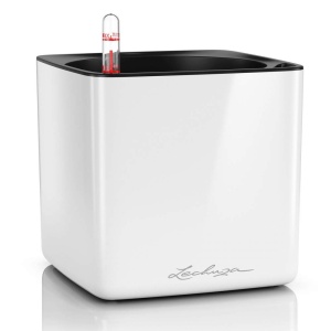 Vaza LECHUZA Cube Glossy 16 alb lucios, cu sistem de udare, 0.7 l