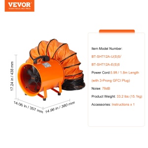 Ventilator de constructie VEVOR BT-SHT12A-U(S)5, 367W, 2800 RPM, 4373 m3h - Img 7