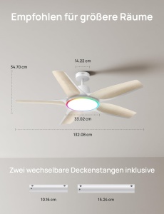 Ventilator de tavan DREO cu lumina, 132 cm, motor DC silentios, alb - Img 9