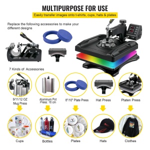VEVOR 1200W Heat Press 8 IN 1 T-Shirt Press, 38 x 38cm Black Heat Press, Tricou Heat Press pentru aplicarea literelor, numerelor si modelelor pe sepci, tricouri, cani, farfurii 51 x 40 x 47cm - Img 6
