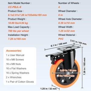 VEVOR Furniture Castor Set de 4 role pivotante PVC ph152.4mm Role de senile 1.270 kg Capacitate de incarcare Role de transport cu frane A/B Role de cutie Role rotative 360deg pentru sarcini grele rotative la 360deg pentru case Birouri Studiouri Fabrici - Img 7
