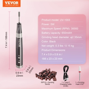 VEVOR UV-1003 Freza Electrica Unghii 30000 RPM Negru Portabila - Img 7