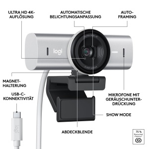 Webcam Logitech MX Brio Ultra HD 4K, 30 FPS, Culoare Gri Deschis - Img 7