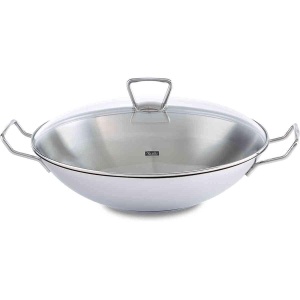 Wok din otel inoxidabil Fissler Kunming, 36 cm, capacitate 6,4 litri, cu capac din sticla