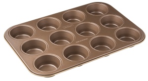 Zenker Tava de briose cu 12 sticle O 7 cm MOJAVE GOLD, tava de copt pentru briose din tabla de otel, tava de copt cu strat antiaderent armat cu ceramica (culoare: mahon/auriu), cantitate: 1 bucata - Img 1