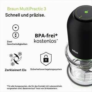 Zerkleinerer Braun MultiPractic 3 CH3011BK, 500W, 4 cutite inox, negru - Img 5