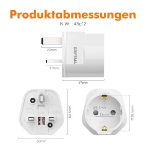Adaptor de calatorie GRIFEMA GD602, set 2 bucati, 13A, compact - Img 8