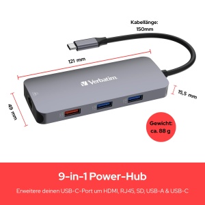 Adaptor Multiport USB-C Verbatim CMH-09, 9 porturi, HDMI, 4K, cititor SDmicroSD - Img 2