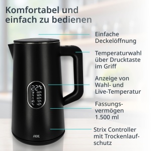 ADE Ceainic cu economie de energie cu setare a temperaturii 40-100degC | 1,5 l | Otel inoxidabil | Fara BPA | negru mat - Img 5