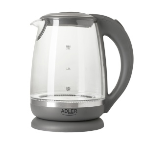 Adler AD 1286 Ceainic din sticla si plastic, 2L, 2000 W, iluminare LED, ceainic din sticla pentru ceai, filtru de calcar, oprire automata, incalzitor de imersie din otel inoxidabil, gri Transparent/Gri
