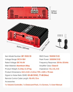 Amplificator auto VEVOR BP-1500.1D, 1500 W RMS, 124 Ohm, cu control de bass - Img 7