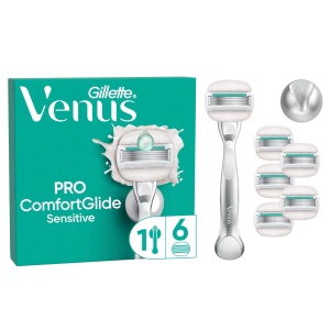 Aparat de ras Gillette Venus Pro ComfortGlide Sensitive pentru femei cu Aloe Vera 6 rezerve si maner metalic durabil