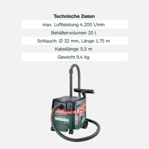 Aspirator Metabo AS 20 L PC, putere 1200W, certificat pentru praf clasa L - Img 3