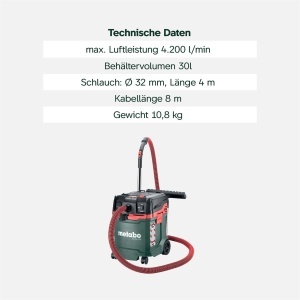 Aspirator Metabo ASA 30 H PC, 1200 W, pentru umed si uscat, Staubklasse H - Img 3