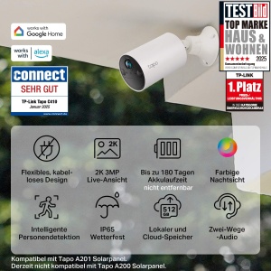Baterie de exterior pentru camera de securitate Tapo C410, rezolutie 2K, viziune nocturna color, memorie MicroSD, baterie nedetasabila de 6400 mAh, audio bidirectional, detectare persoane, Alexa si Google Assistant, Wi-Fi 2.4GHz - Img 2