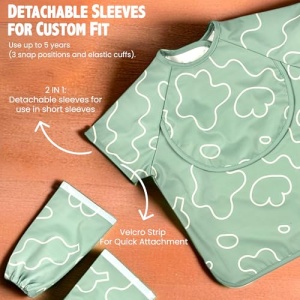 BEABA, Baveta pentru bebelusi, Salopeta pentru bebelusi, Baveta pentru mama, Impermeabila, Salopeta elastica, Salopeta cu maneca lunga, Maneci detasabile, Geanta de prindere, Usor de curatat, Evoluabil, Verde salvie - Img 6