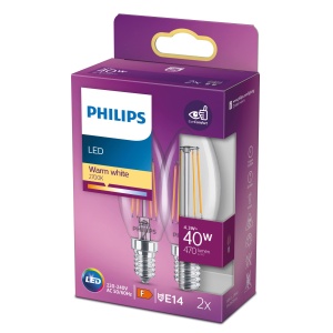 Bec clasic LED Philips E14, forma lumanare, 40 W, alb cald (2700), 470 lumeni, sticla, pachet de 2 - Img 1