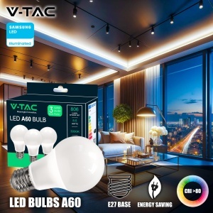 Bec LED V-TAC E27 8,5W (echivalent 60W) 806 Lumen Alb Rece - Set 3 Bucati - Img 2