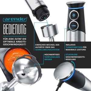Blender Arendo MIRA 1500W cu 4 lame, 800 ml, accesorii inclusiv - Img 3