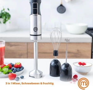 Blender de mana MasterChef din otel inoxidabil 3 in 1, blender de mana cu tel electric si spumant de lapte de mana, blender de mana cu 2 setari de viteza, aparat de bucatarie cu bagheta, poate fi spalat in masina de spalat vase, 400w - Img 2