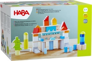 Blocuri de Constructie HABA 85 Piese Colorate cu Sac de Bumbac - Jucarie Educativa