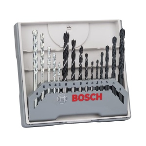 Bosch 15 buc. Set de burghie (pentru lemn, piatra si metal, O 3-8 mm, accesorii burghiu/insurubat si suport de gaurit)