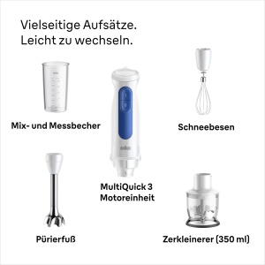 Braun Blender de mana MultiQuick 3 MQ 30202 M - Blender electric de mana cu tehnologie PowerBell VPlus, 2 viteze, sistem EasyClick Plus, set de accesorii din 3 piese, 900 wati, alb - Img 7
