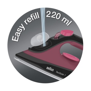 Braun TexStyle 1 SI1070PU, Fier de calcat cu 4 ani de suport, Placa SuperCeramic, Varf de precizie, 130g,min, Reumplere de 220ml, Mod Eco, Sistem anti-picurare, 2000W, Violet - Img 5
