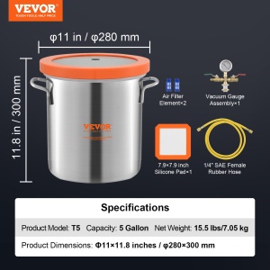 Camera de vid VEVOR 19 L Camera de degazare in vid din otel inoxidabil (diametru 28 cm, inaltime 30 cm) Camera de vid pentru pompa de vid ideala pentru stabilizarea lemnului si degazarea siliconului, rasinii, poliuretanului - Img 7