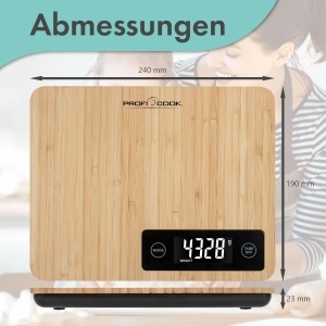 Cantar de bucatarie ProfiCook PC-KW 1271 din bambus, 5000g, LCD iluminat - Img 6