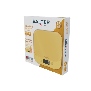 Cântar digital de bucătărie Salter British Bakes - capacitate mare de 10 kg, măsoară lichide, impermeabil, funcție de tară, platformă din sticlă, precizie de 1 g, galben - Img 4