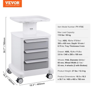 Carucior medical VEVOR FY-1T3C cu 3 sertare, capacitate 50 kg, alb - Img 7