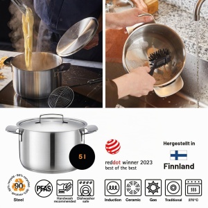 Caserola Fiskars 5 l, inox reciclabil, argintie, pentru toate plitele - Img 2