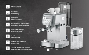 CASO Espresso Gourmet Latte - Rezultatul testului Very Good, aparat portafiltru cu recipient de lapte integrat, pompa ULKA de 20 bari, placa de incalzire a cestilor, 1 sau 2 cani, argintiu, otel inoxidabil - Img 4