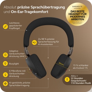 Casti audio Bluetooth Jabra Evolve3 75, cu microfon, anulare zgomot, negru - Img 2