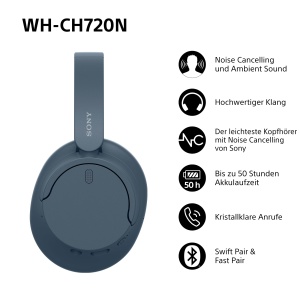 Casti Bluetooth fara fir Sony WH-CH720N cu anulare a zgomotului - Pana la 35 de ore de viata a bateriei si incarcare rapida - Albastru - Img 3