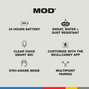 Casti intraauriculare fara fir Skullcandy Mod, durata de viata a bateriei de 34 de ore, micro, compatibile cu dispozitive iPhone, Android si Bluetooth - gri/albastru - Img 4