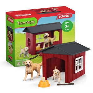 Casuta pentru caini schleich Farm World cu Golden Retriever si pui, 9 piese