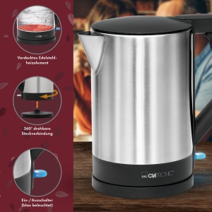 Ceainic Clatronic(r) | Capacitate de 1,5 litri | Capac cu balamale de siguranta | Putere 2200 W | element de incalzire ascuns | oprire automata | Statie de baza cu bobina | WKS 3692 negru/inox - Img 4