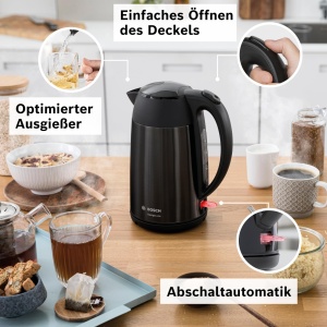 Ceainic fara fir Bosch DesignLine TWK3P423 Ceainic fara fir DesignLine, turnare fara stropire, indicator ceasca, indicator nivel apa, protectie la supraincalzire, 1,7 L, 2400 W, negru - Img 2